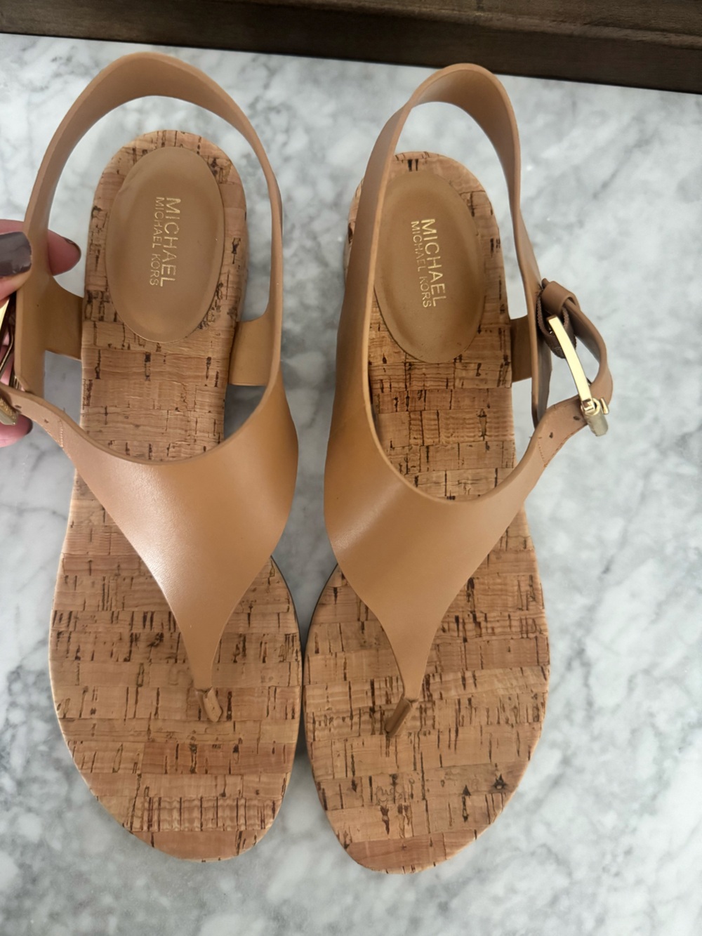 Michael Kors Tan Cork-Trim Women's Sandals with Gold Buckles - Picture 3 of 5